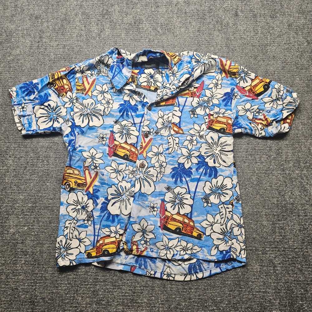Pineapple Connection Mens Large Blue Hawaiian Shirt Woody Surfboard Rayon L